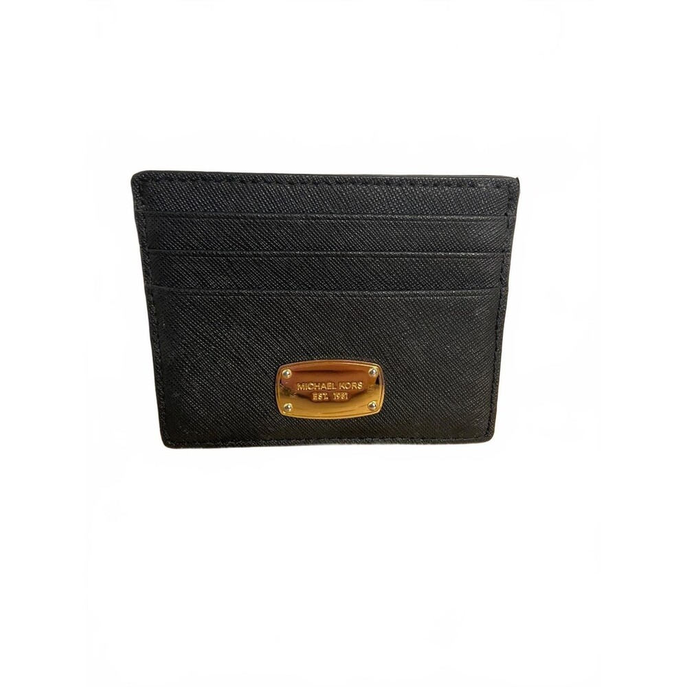 Michael Kors Black Leather Card Holder with Gold Tone Plaque